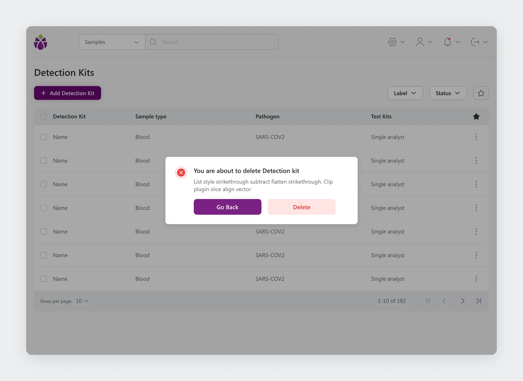 Confirm delete dialog for a detection kit with Go back and Delete