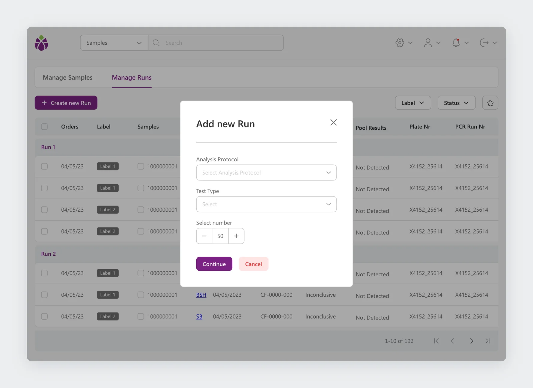 Add new run modal with analysis protocol, test type and number of samples