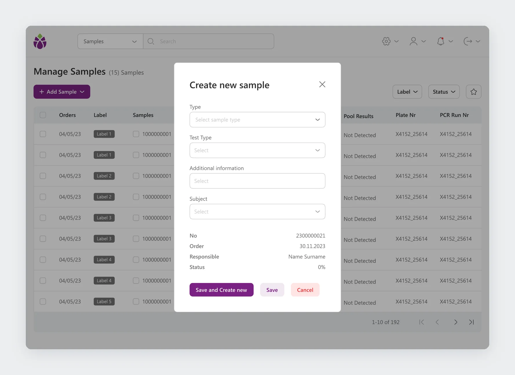 Create new sample modal with type, test type, additional information and subject