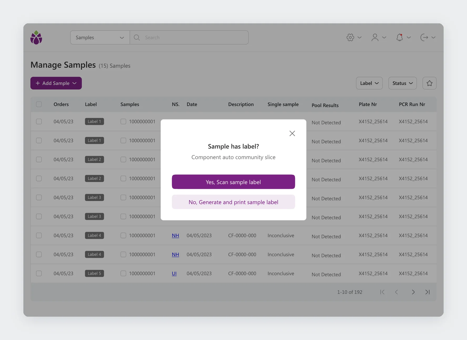 Dialog: Sample has label? with Yes, scan sample label, or No, generate and print sample label