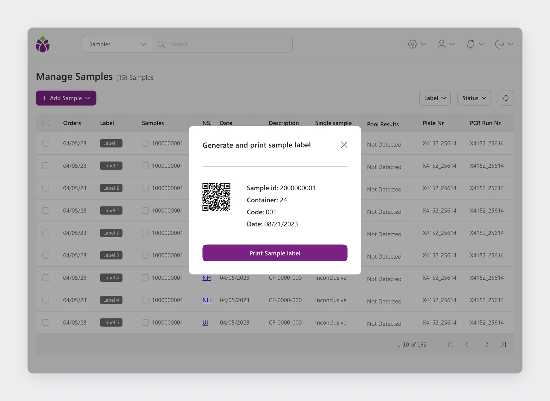 Generate and print sample label modal with a QR code, sample id, container, code and date