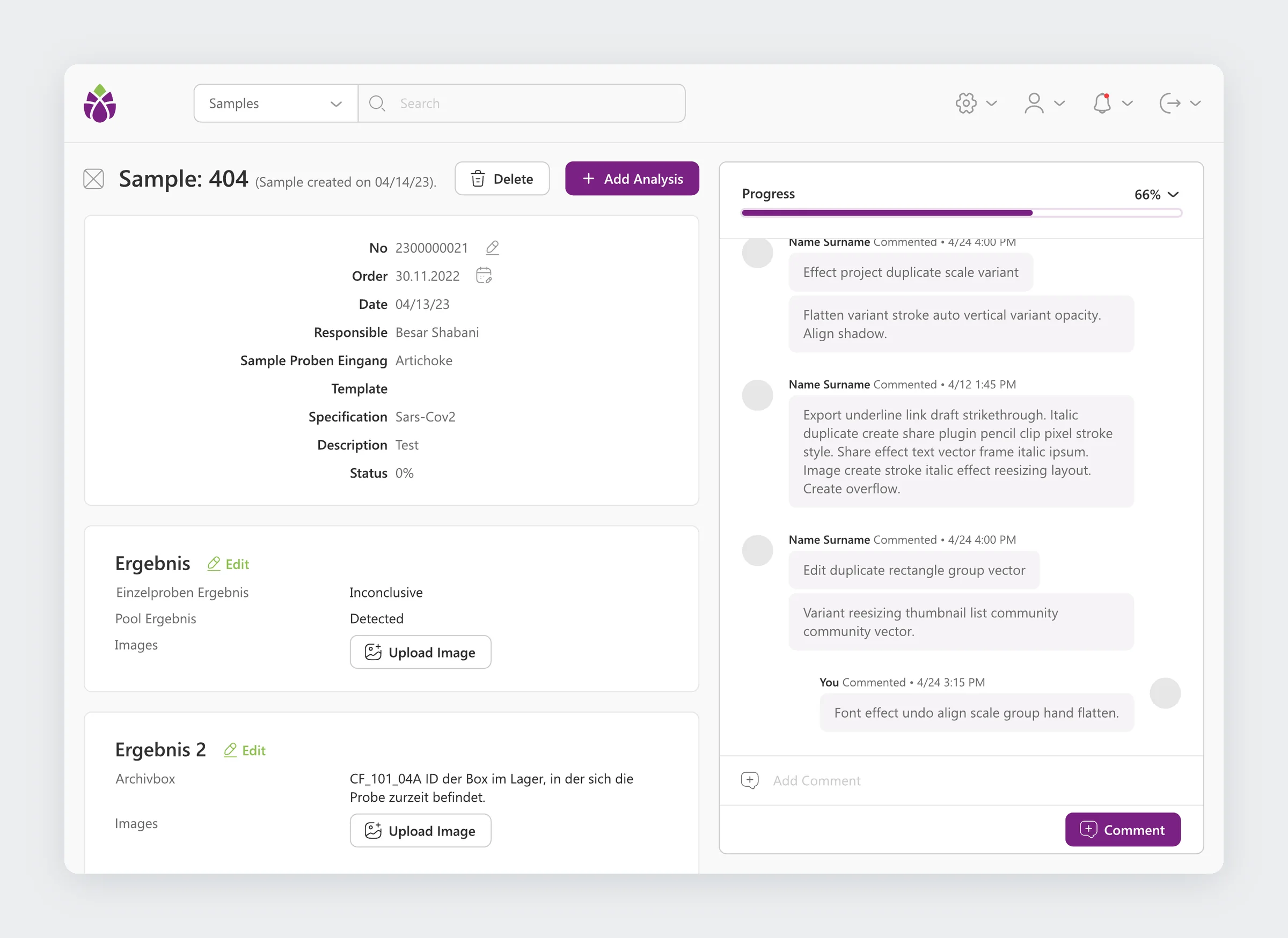 Single sample page with details, two result blocks with image upload, and a comment thread