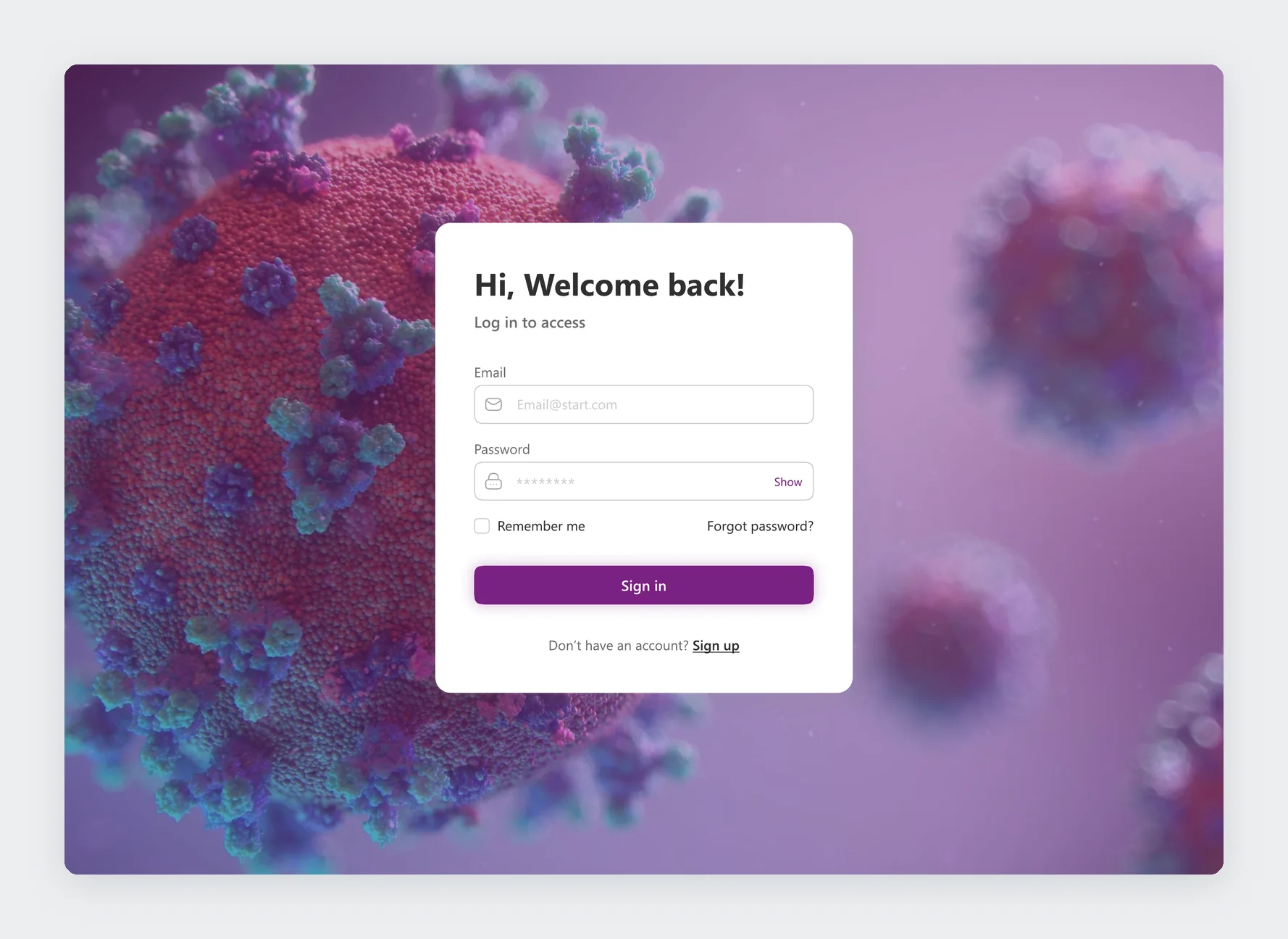 Sign in screen: Hi, Welcome back, with email, password and remember me