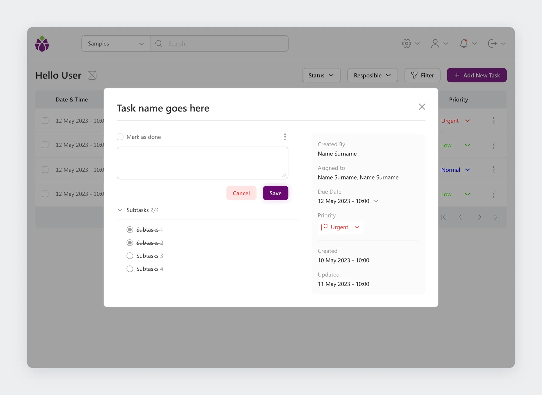 Task detail with subtasks, assignees, due date and priority