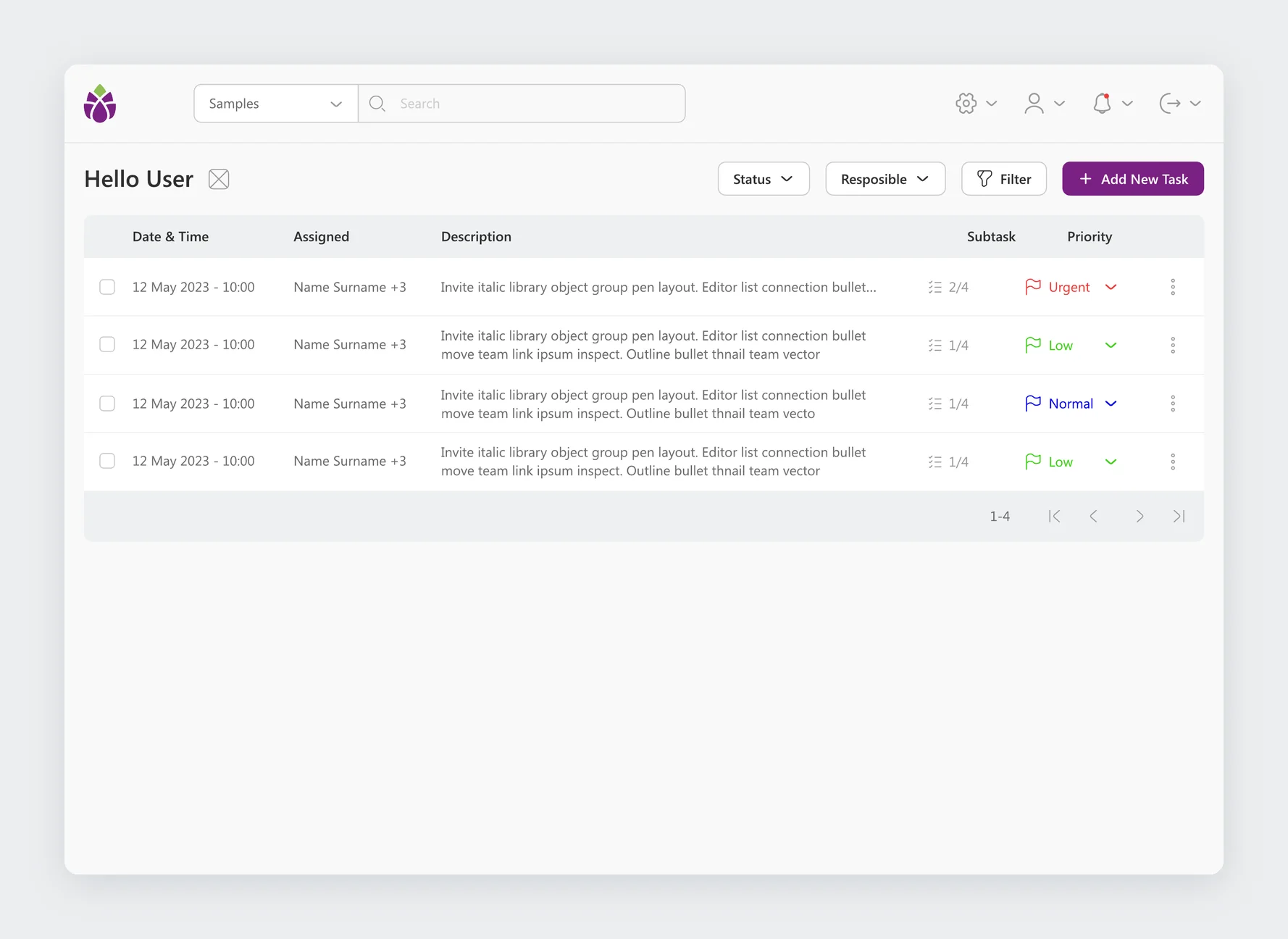 Tasks table with date, assignees, description, subtasks and priority
