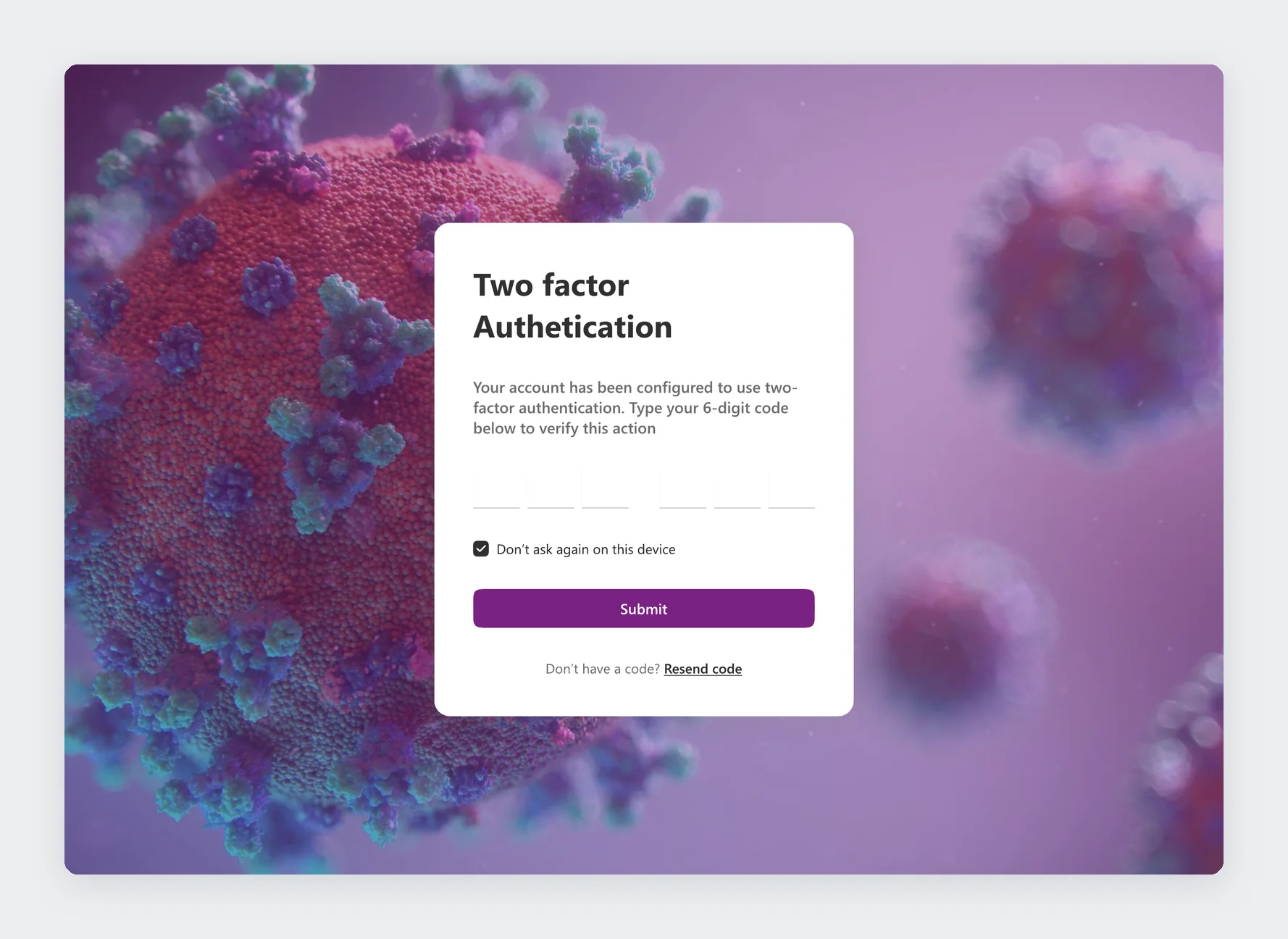 Two-factor authentication screen asking for a six-digit code