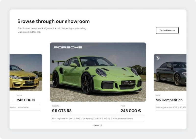 Autohaus Standard showroom carousel with vehicle cards