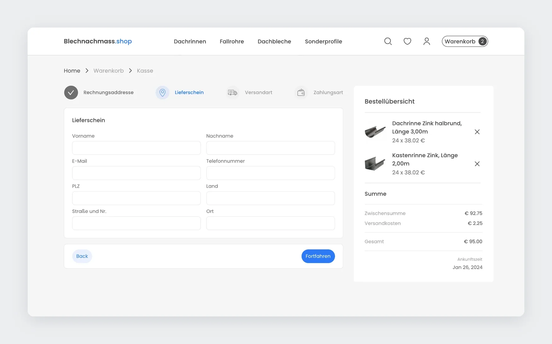 Checkout step: delivery address form with the order summary on the right