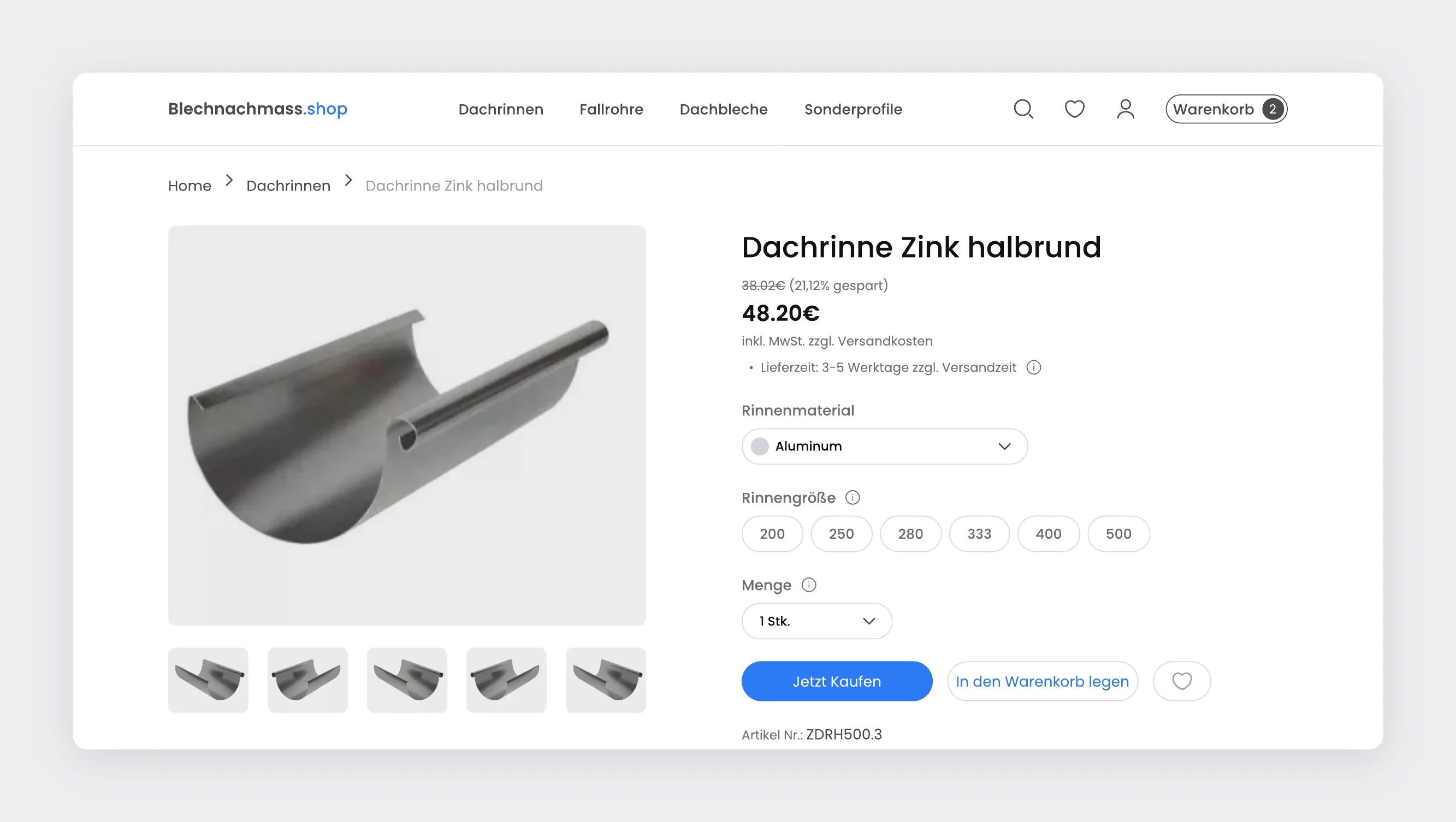 Product page for a half-round zinc gutter with material, gutter size buttons, quantity, and buy buttons
