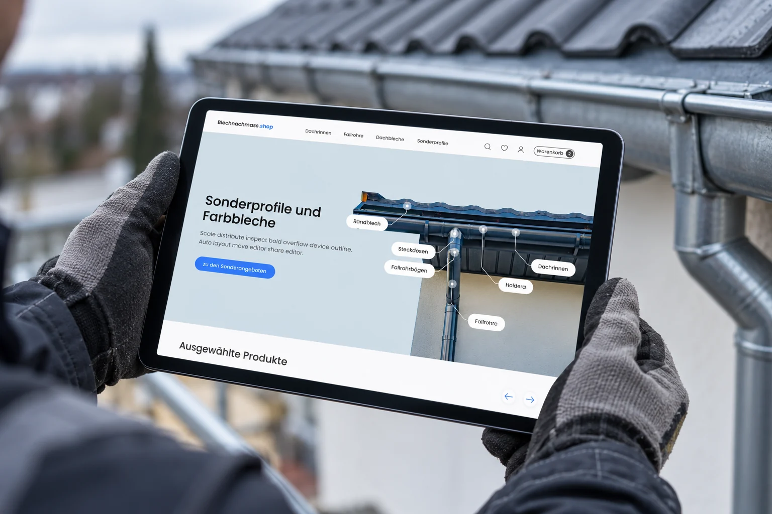 Blechnachmass shop on a tablet held by a roofer in work gloves, in front of a zinc gutter
