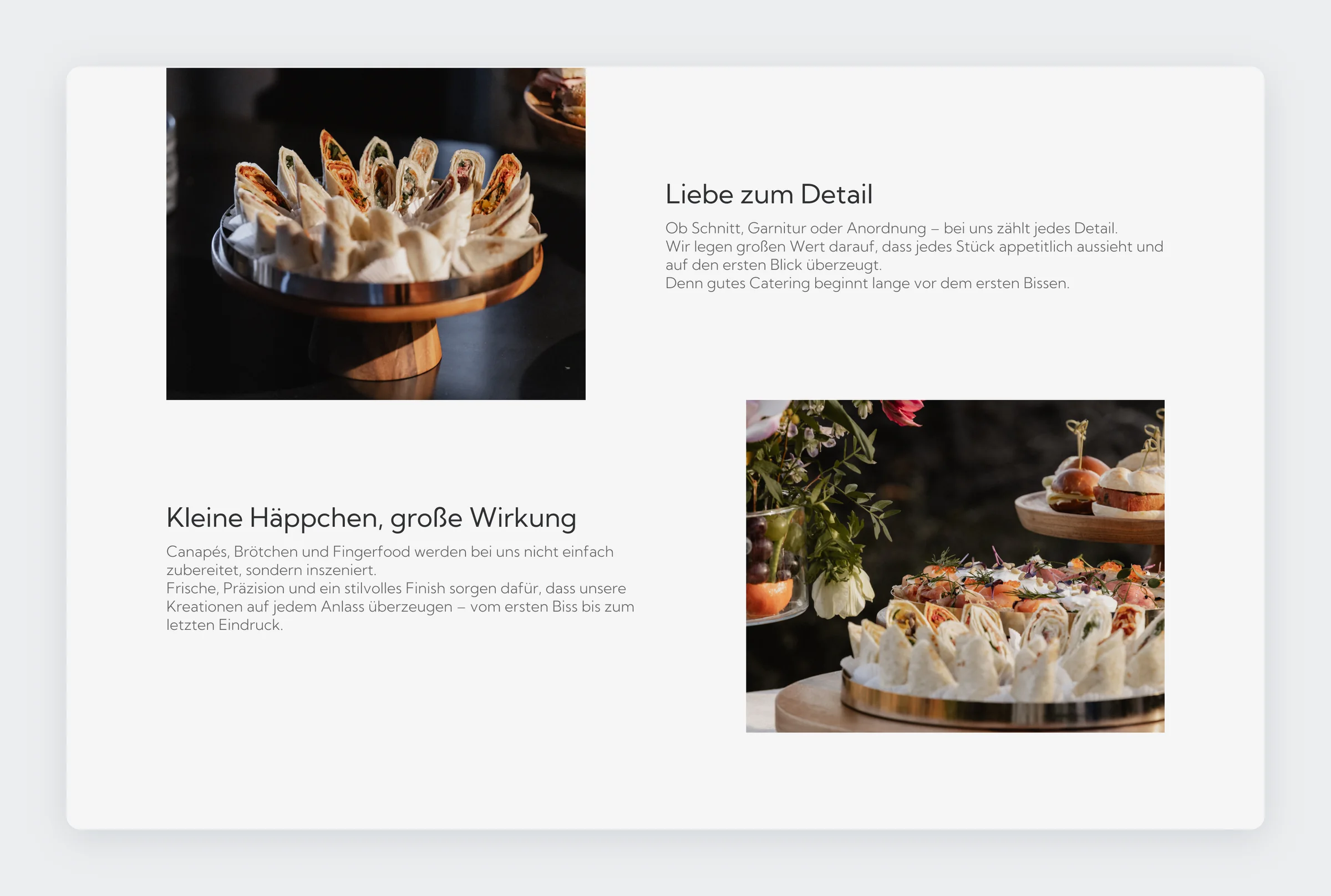 About page sections: Liebe zum Detail and Kleine Häppchen, große Wirkung, each with a photograph