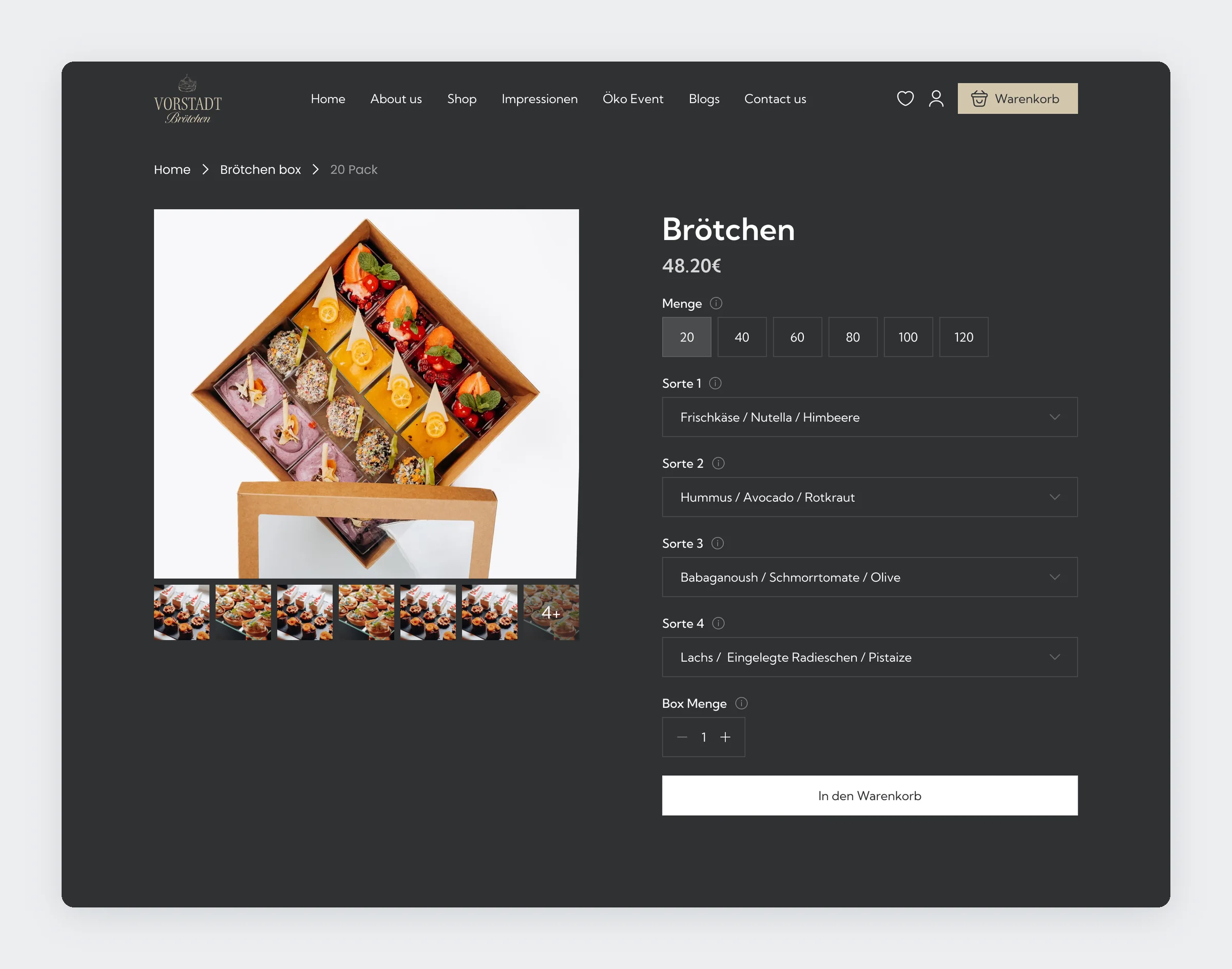 Brötchen box product page: size buttons from 20 to 120, four variety dropdowns, box quantity, and add to cart