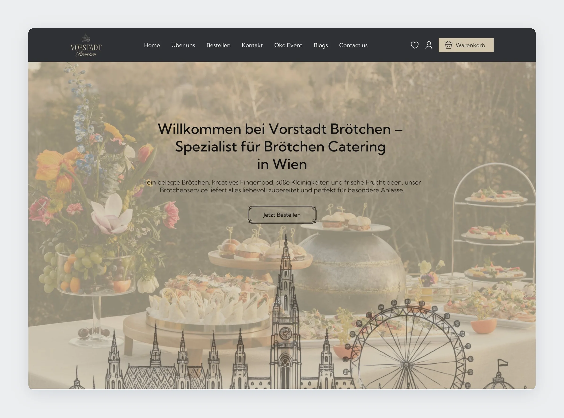 Home page hero: Willkommen bei Vorstadt Brötchen, over a catering table with line drawings of Stephansdom and the Riesenrad