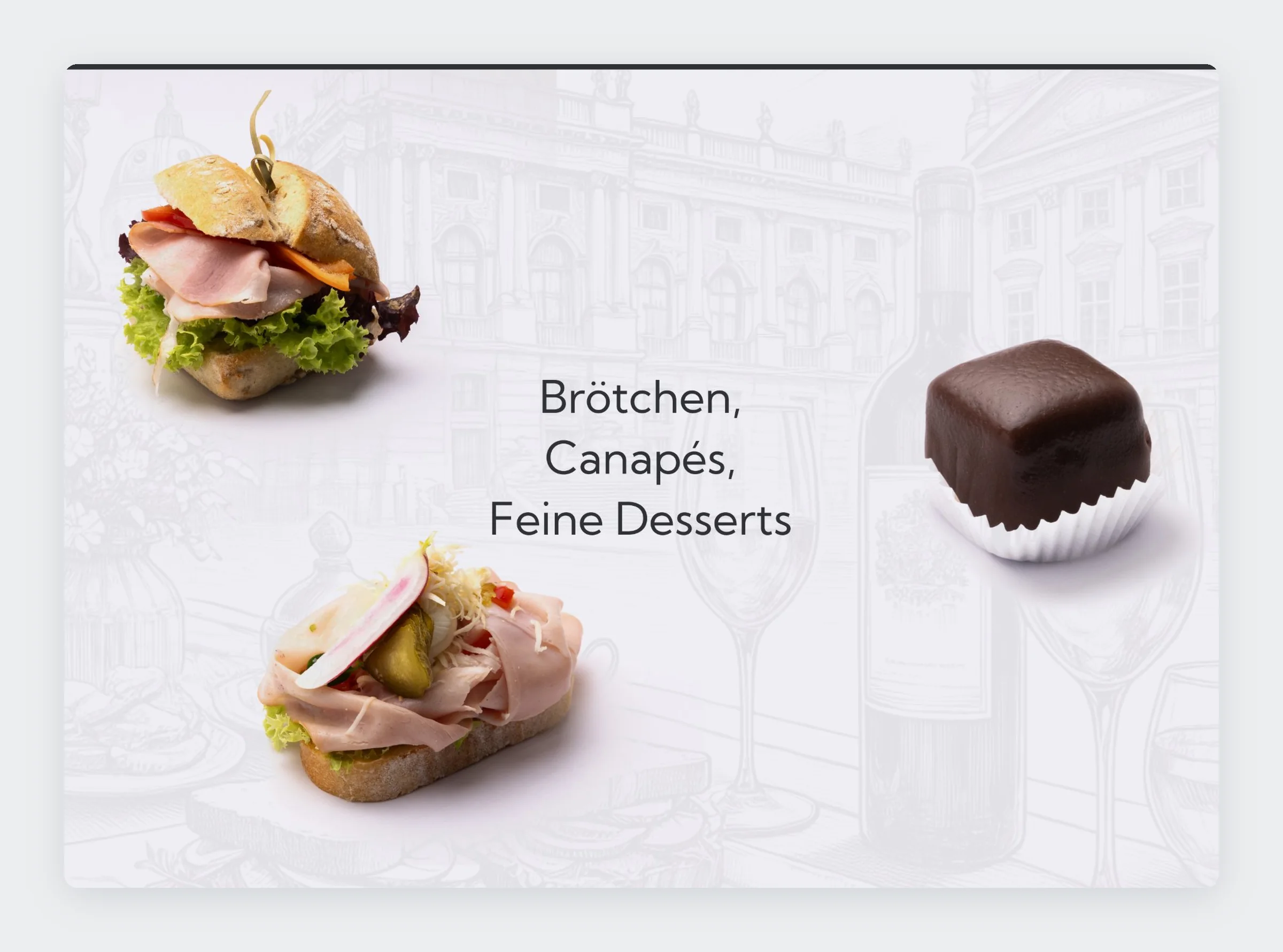 Brötchen, Canapés, Feine Desserts: cut-out food photographs over a faint engraving of Vienna