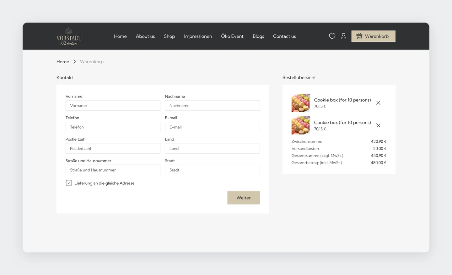 Checkout step one: contact and address form with the order summary