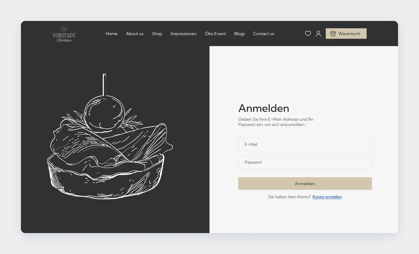 Sign in page with a canapé line drawing on charcoal next to the form