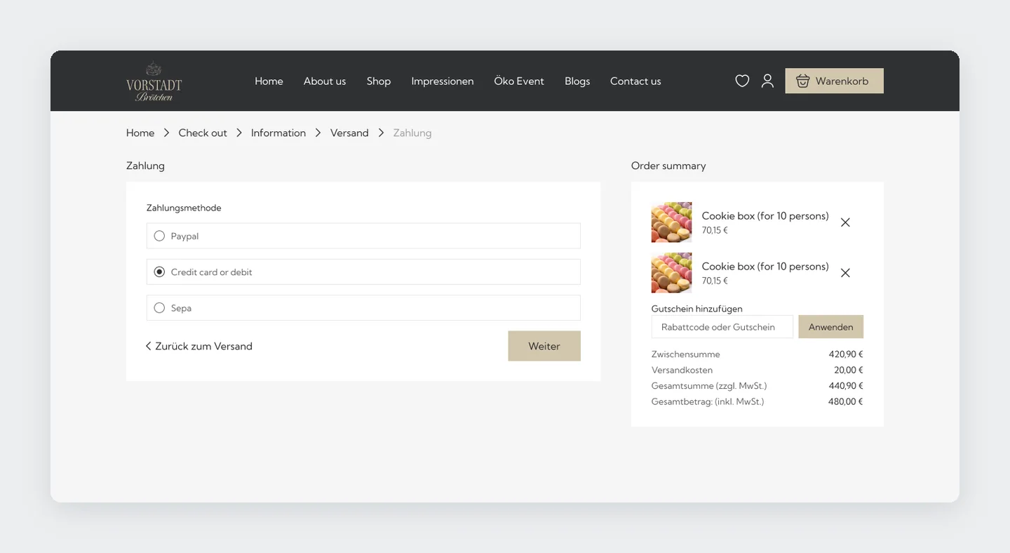 Checkout payment step with PayPal, credit card, and SEPA