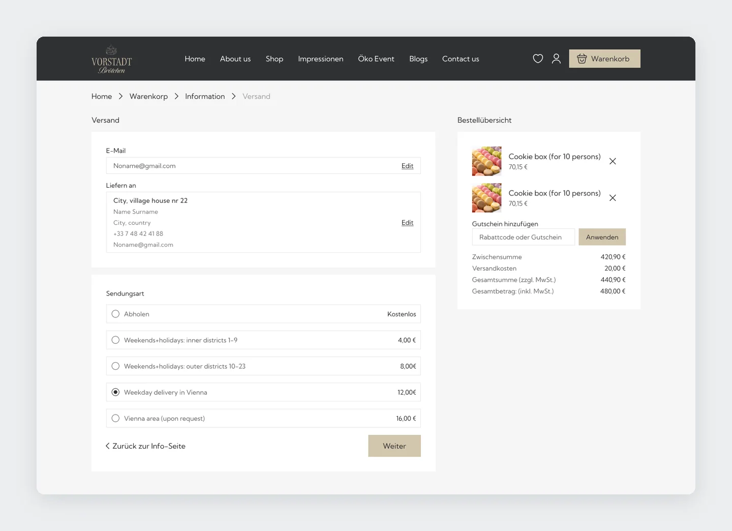 Checkout shipping step with collection and four delivery options priced by Vienna district