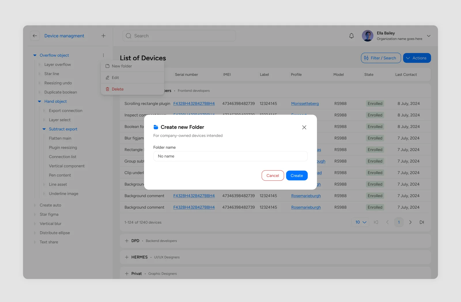 Control Seven Create new Folder modal over the device list