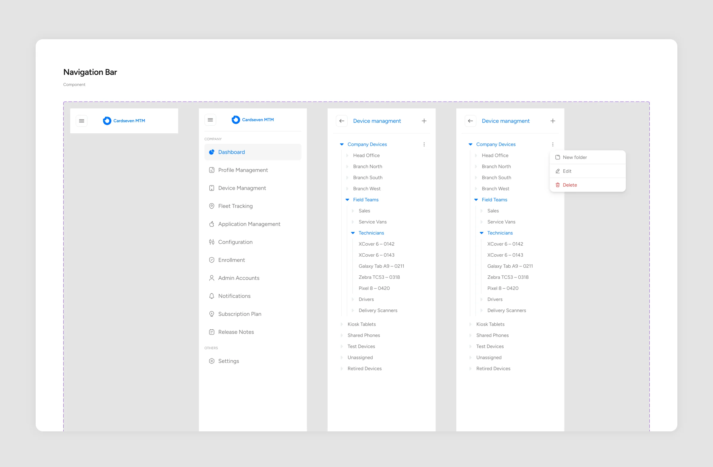Control Seven navigation bar in four states: collapsed, main menu, device group tree, and the tree with its folder menu