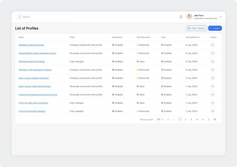 Control Seven list of security profiles with mode and settings