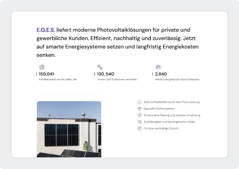 E.G.E.S home page intro with key figures and a list of reasons