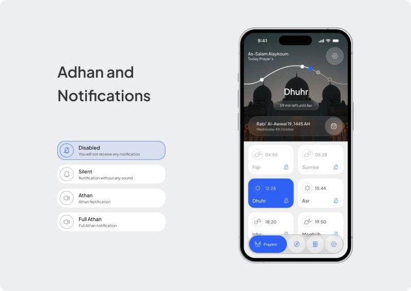 Islamic App prayer times screen with notification options