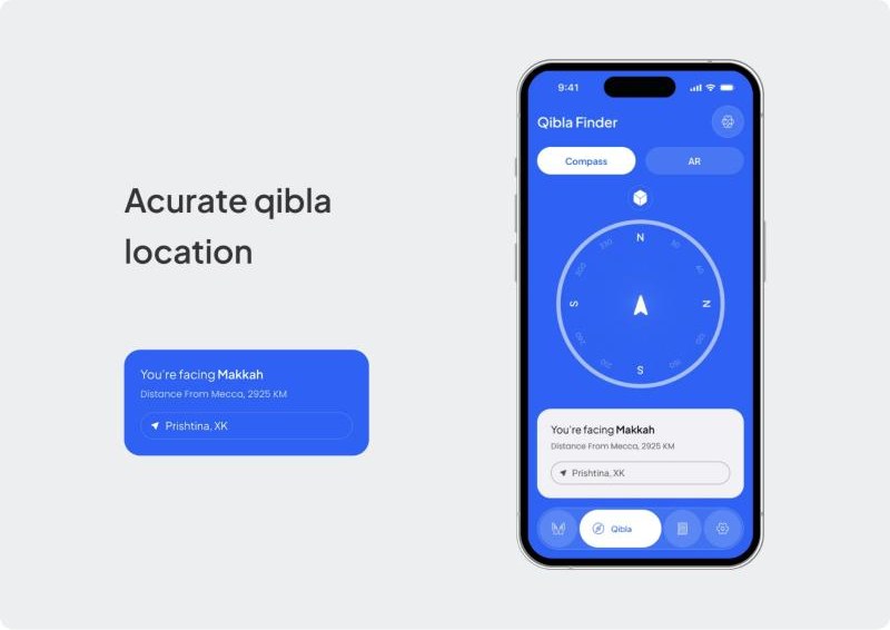 Islamic App Qibla finder with a compass and the distance to Makkah