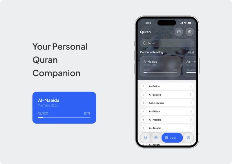 Islamic App Quran tab with continue reading and the surah list