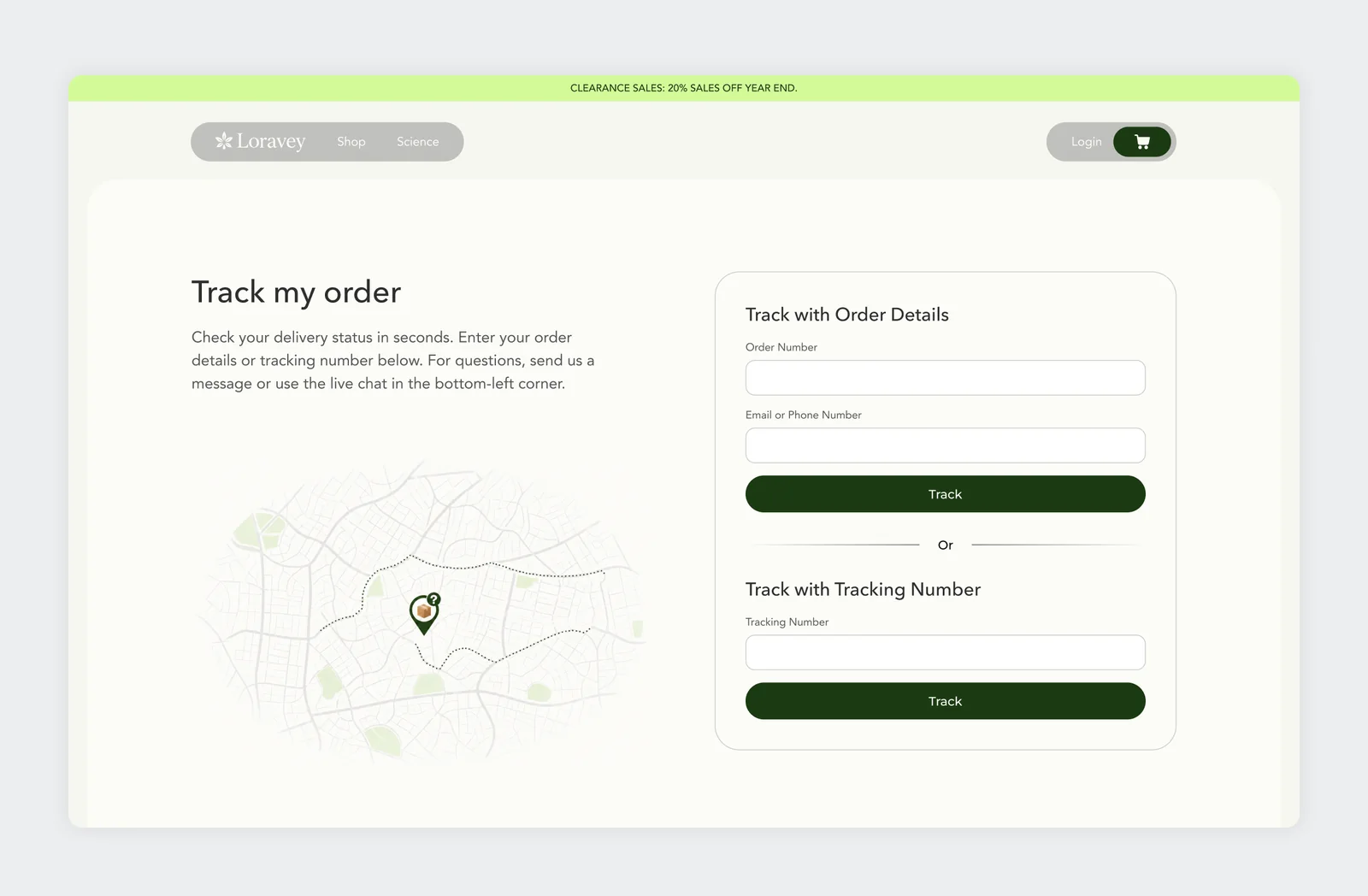 Loravey Track my order page with two ways to search