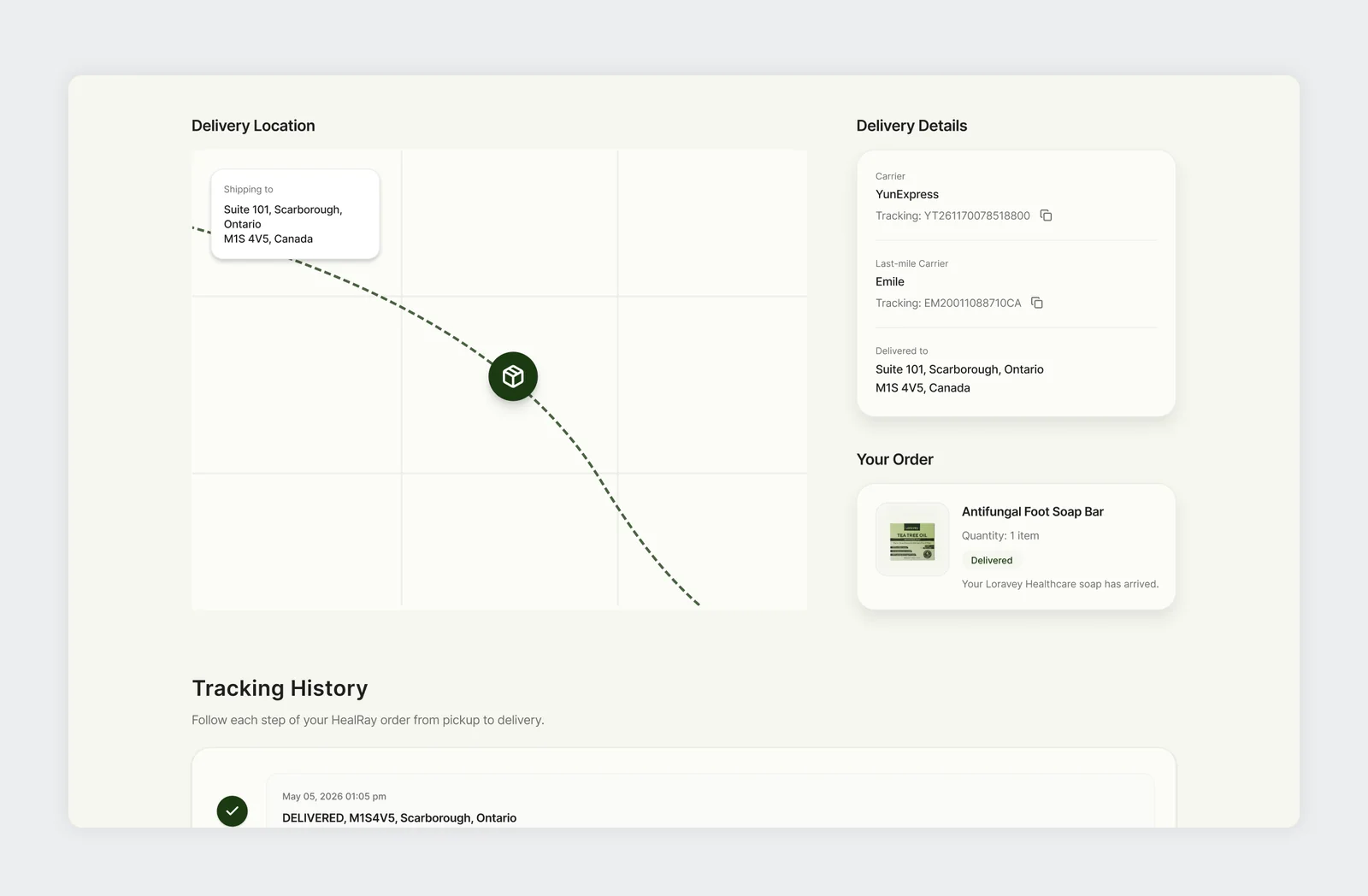 Loravey order tracking result with delivery route, carrier details and the ordered product