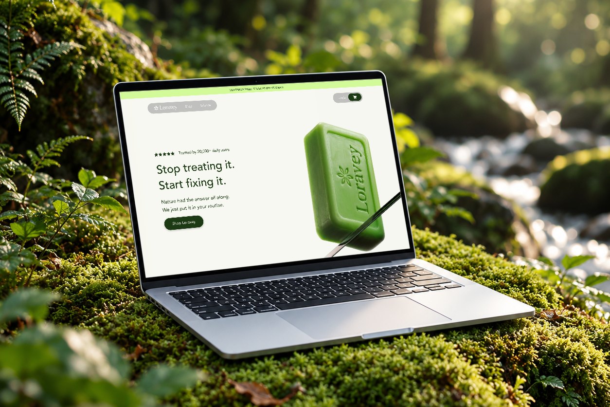 Loravey online shop on a laptop resting on moss in a forest