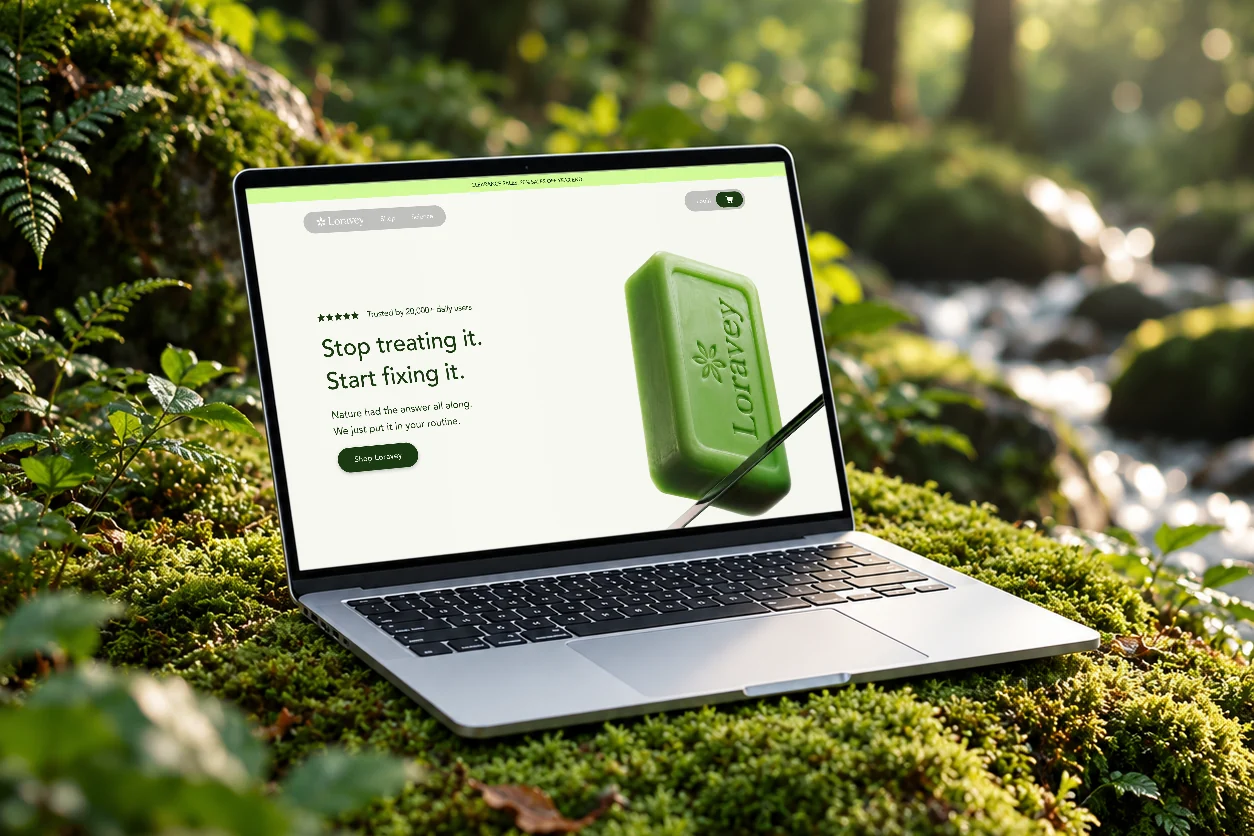 Loravey online shop on a laptop resting on moss in a forest
