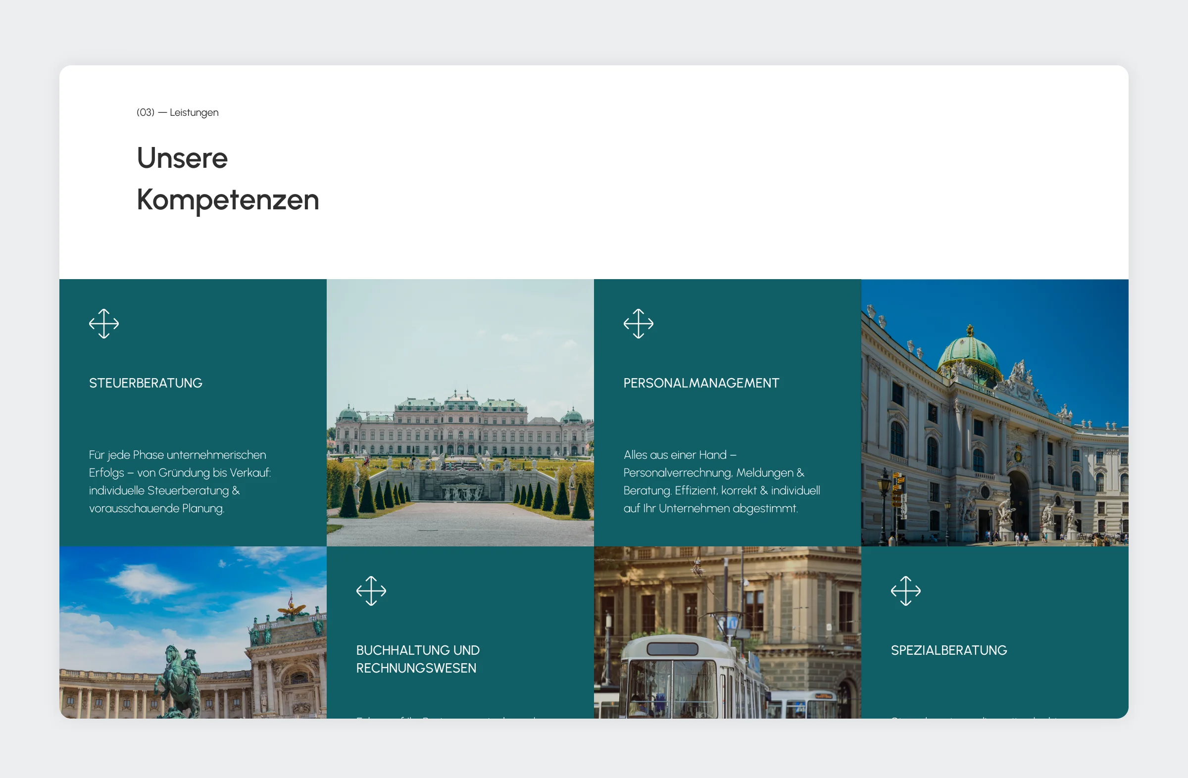 MARKU services grid alternating teal service tiles with photographs of Vienna
