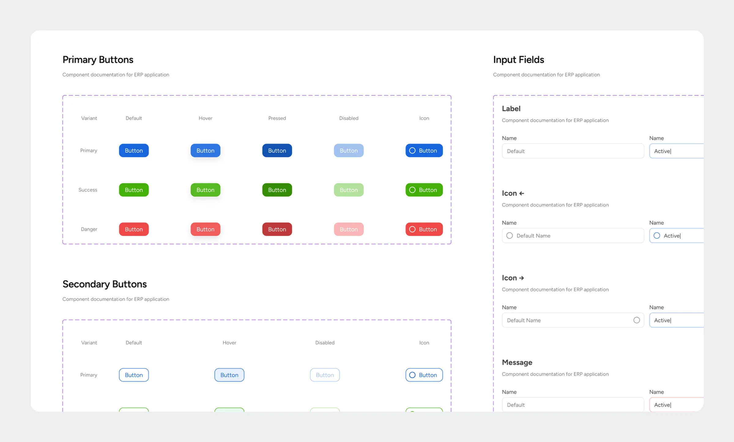 Mesh App components: primary and secondary buttons in every state, and input fields with labels and icons