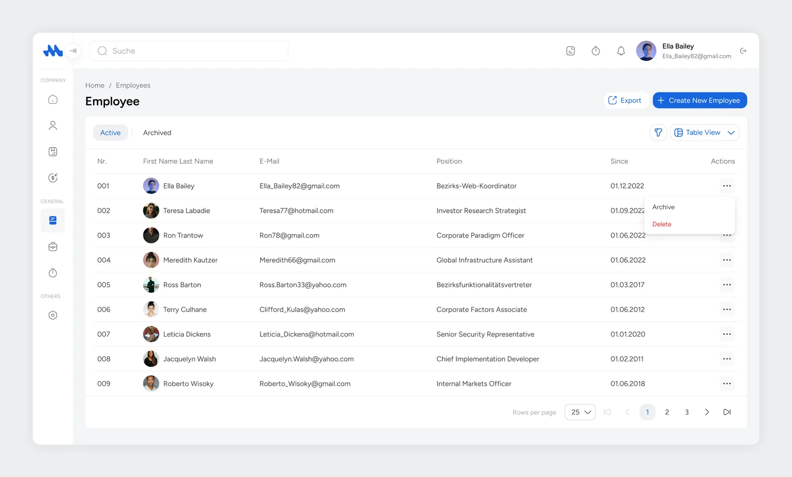 Mesh App employee list with position, start date and row actions