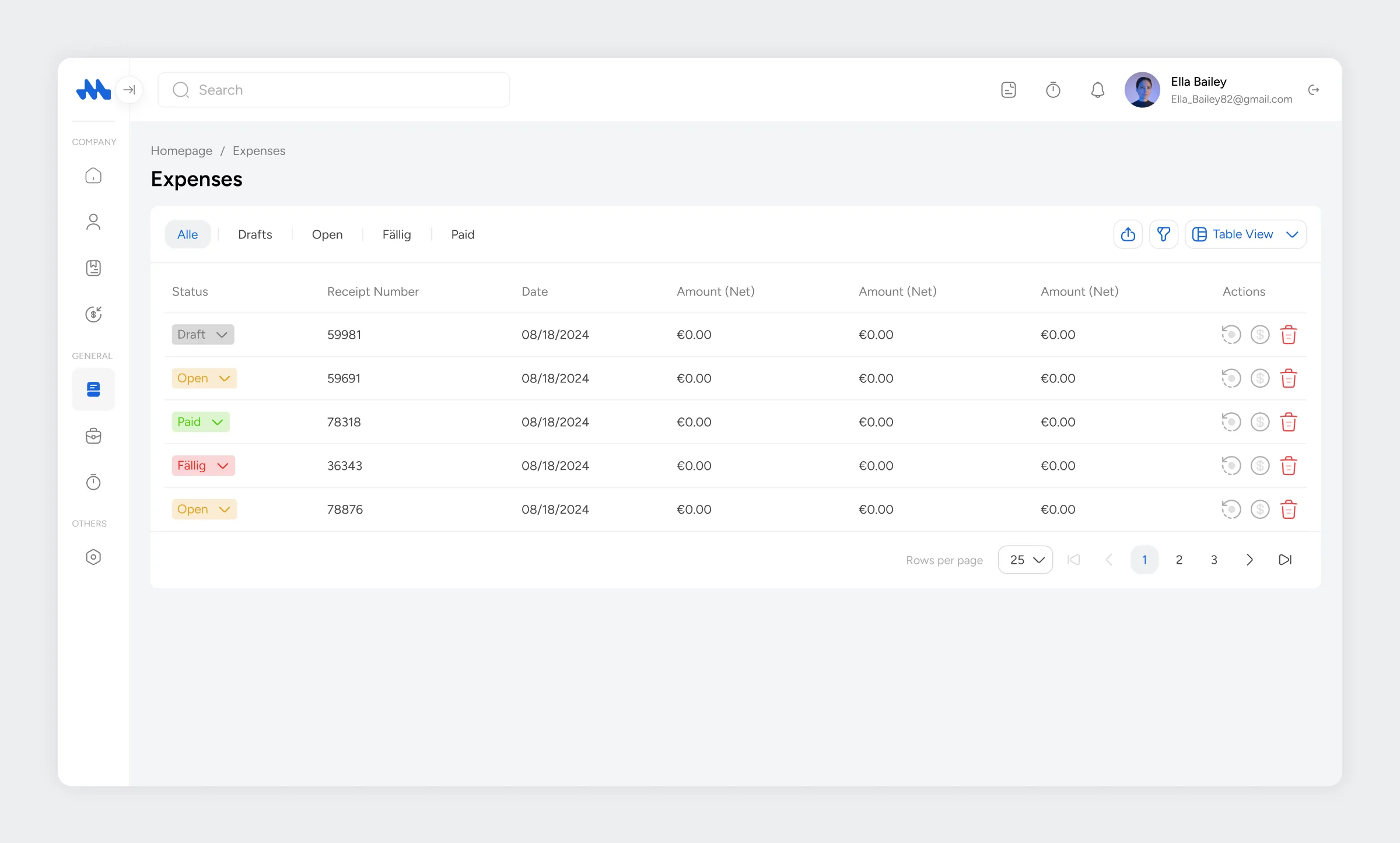 Mesh App expenses table with status chips for draft, open, paid and due