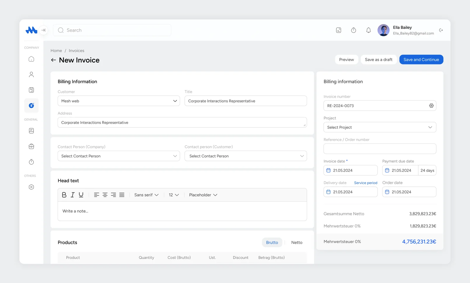 Mesh App new invoice editor with billing details, dates and totals