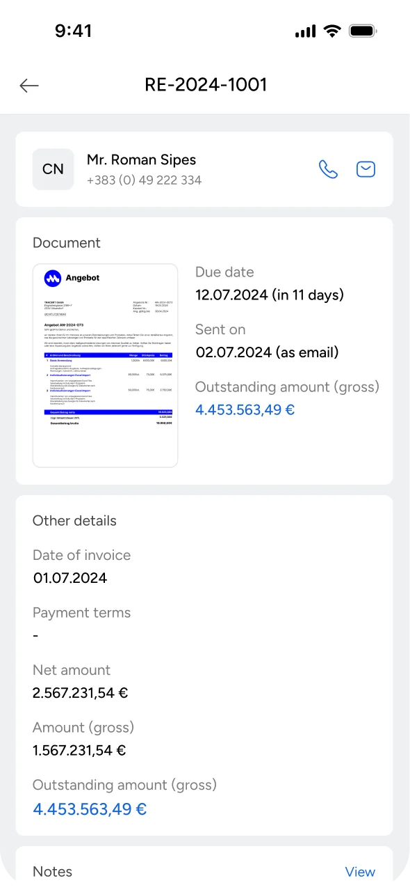 Mesh App mobile: Invoice detail with the document, due date and outstanding amount