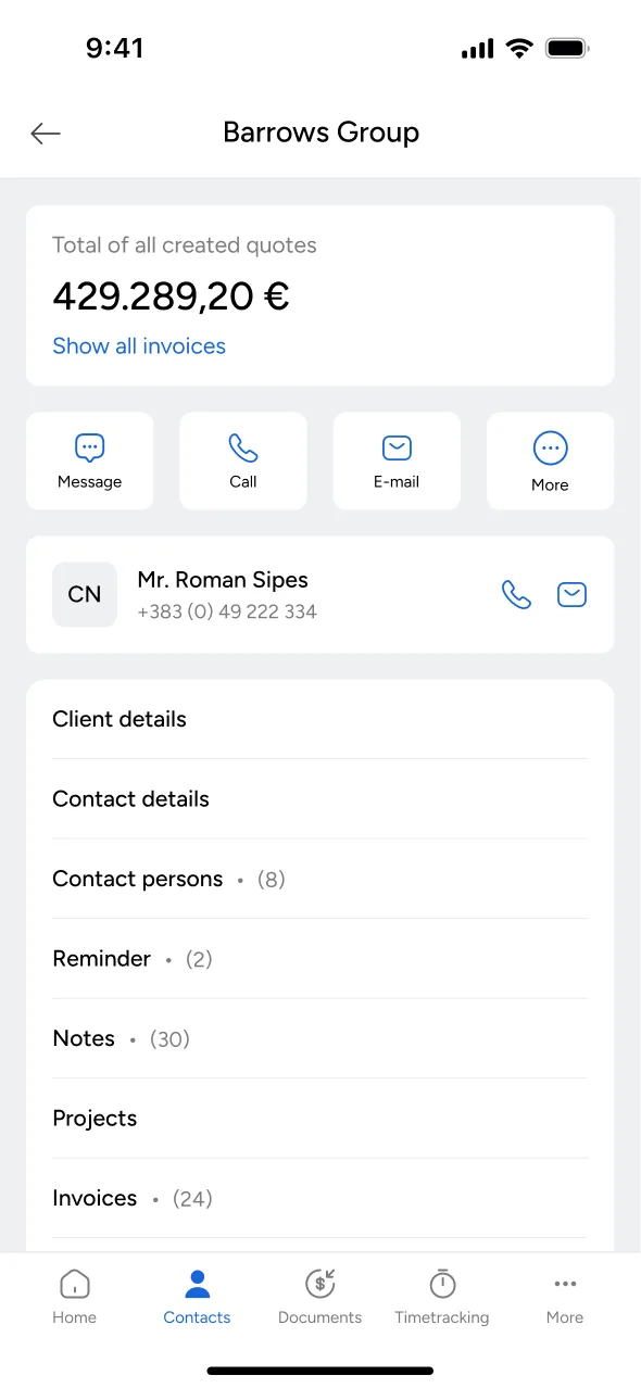 Mesh App mobile: Client detail with quick actions and related records