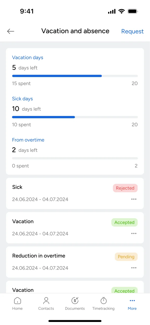 Mesh App mobile: Vacation and absence balance with requests