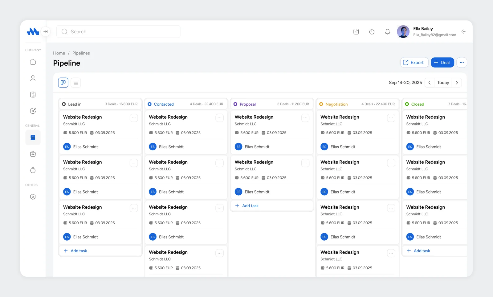 Mesh App sales pipeline board with deals moving from lead in to closed