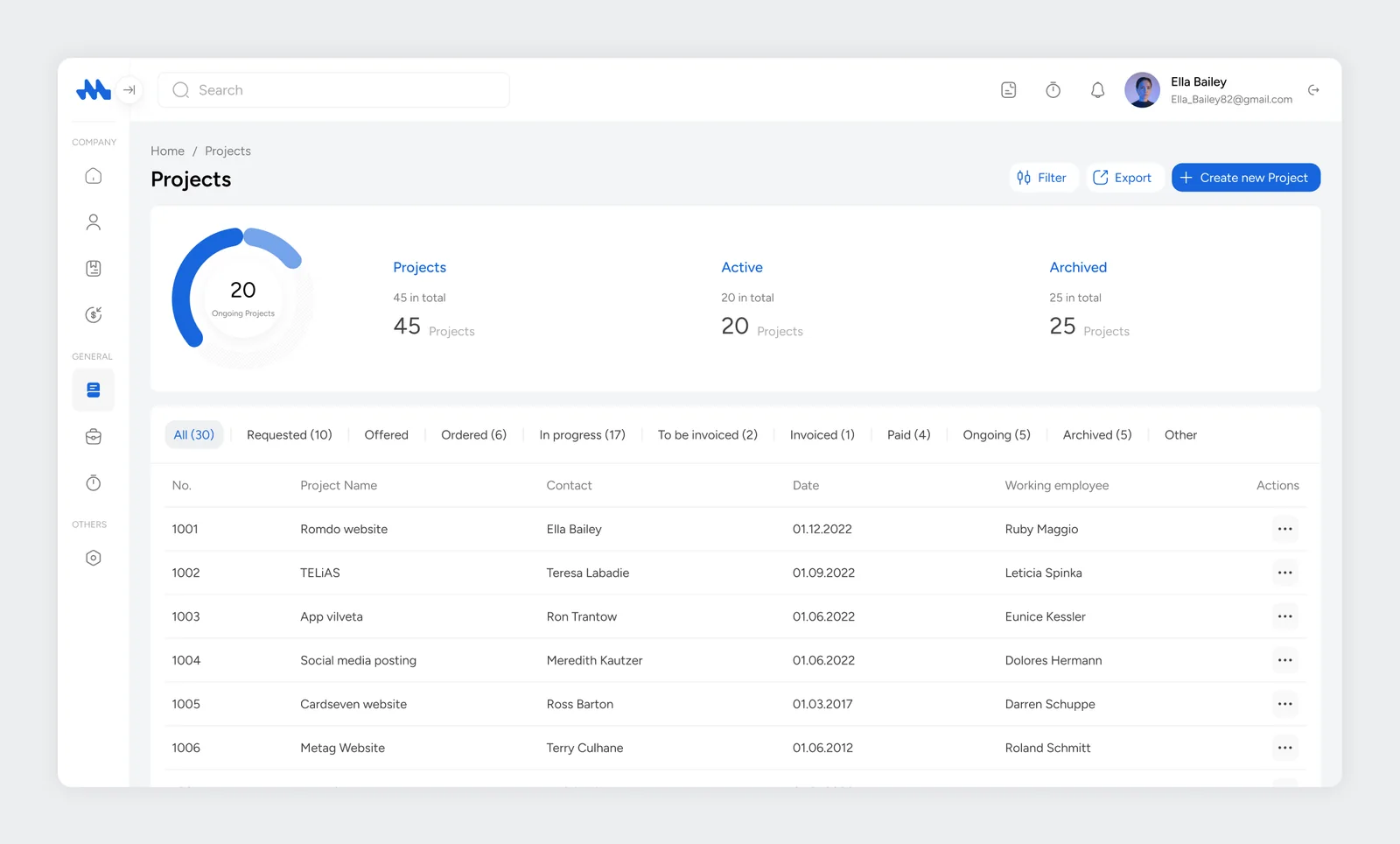 Mesh App project list with status tabs from requested to archived