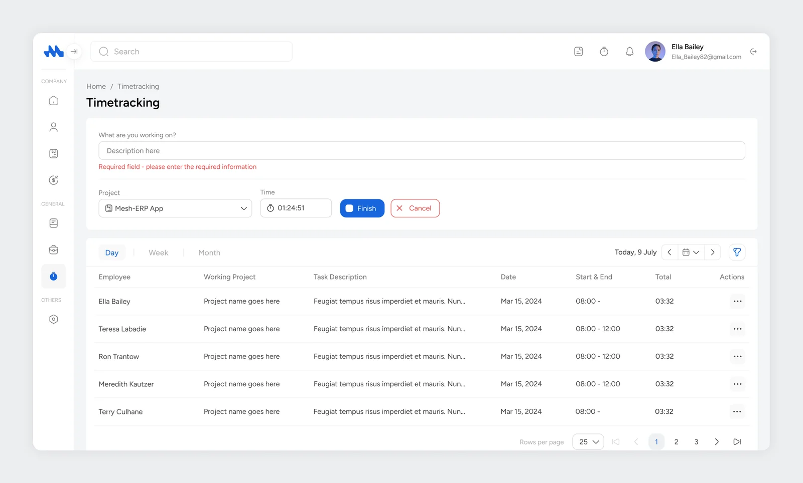 Mesh App time tracking with a running timer and the day’s entries per employee and project