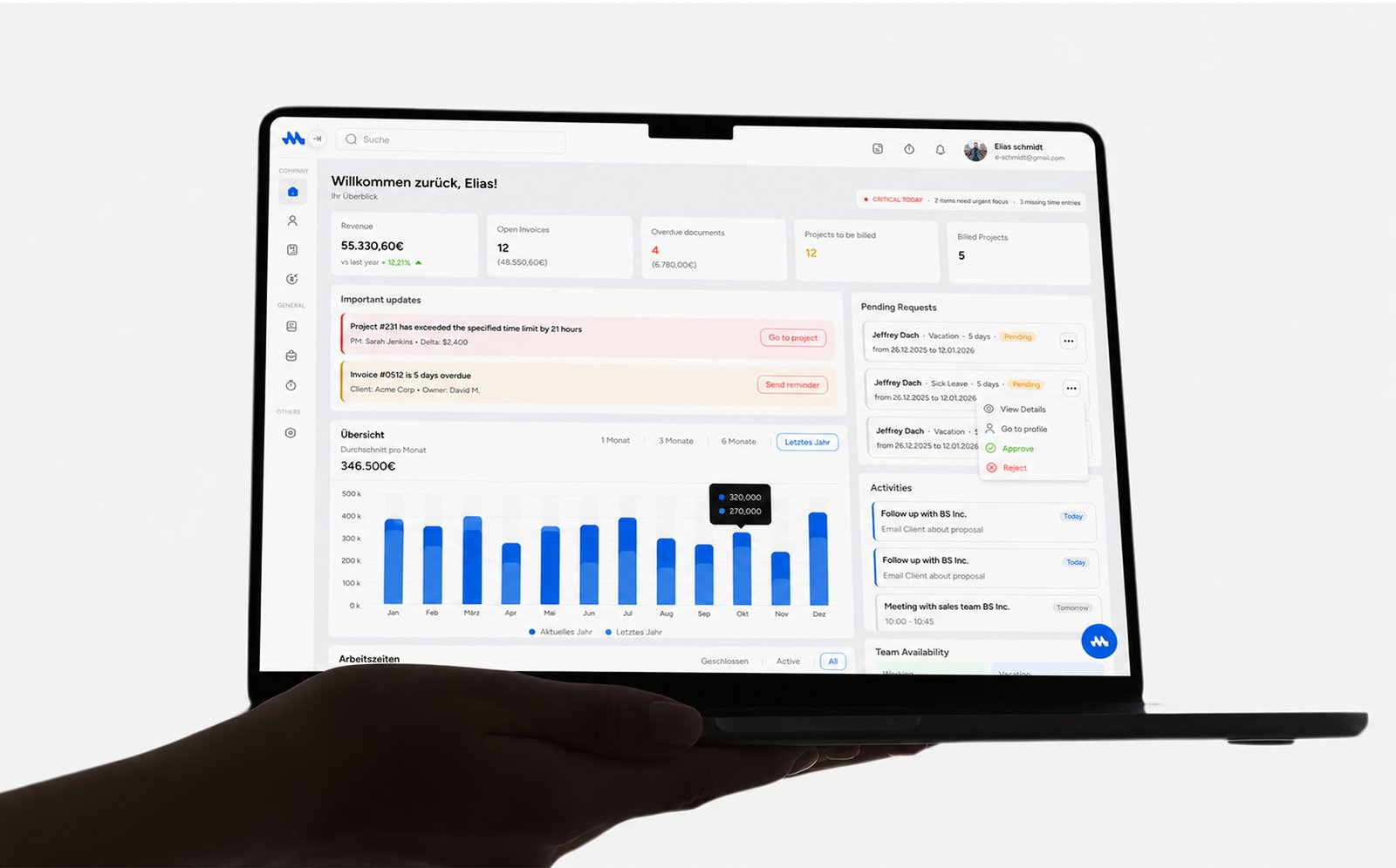 Mesh App dashboard on a laptop held in one hand