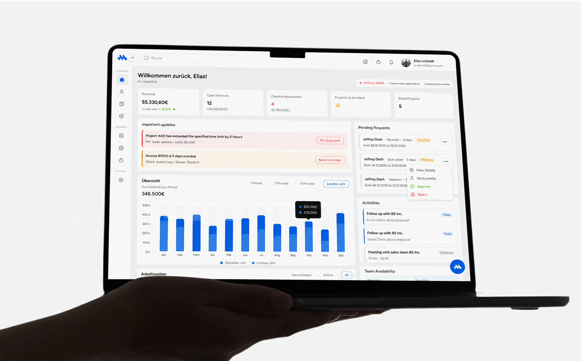 Mesh App dashboard on a laptop held in one hand